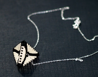 Black and Tan Pyramid / Geometric Triangle Peyote Beadwoven Pendant / Sterling Silver Chain Necklace / Sand Brown and Black Beads