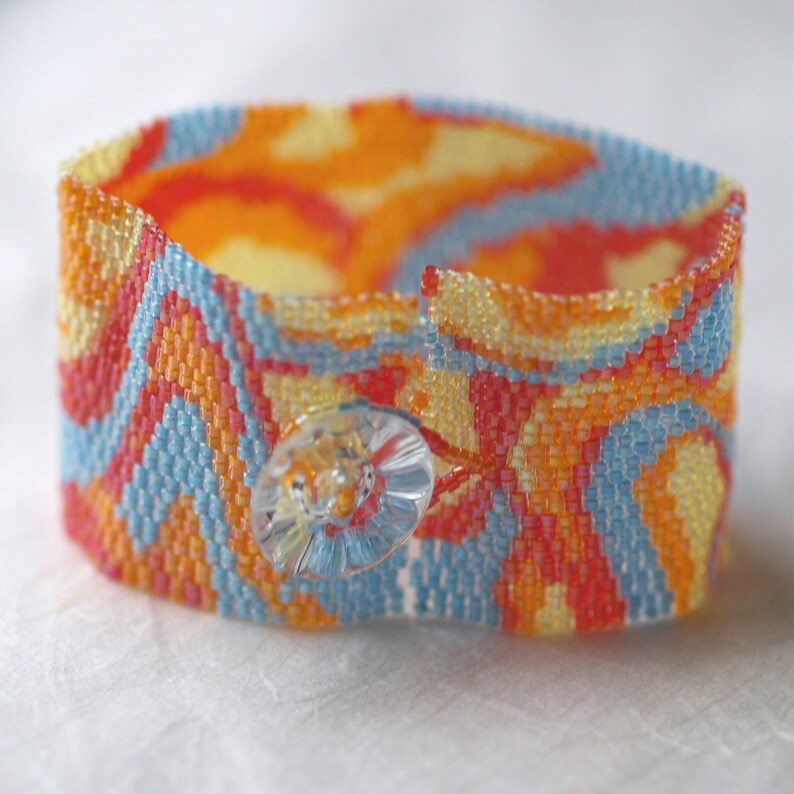 Fruit Cocktail / Peyote Bracelet Beaded Cuff Beadwoven / Colorful Yellow, Tangerine, Cherry, Aqua Beads / Swirly Mod Design / Beaded Jewelry image 4