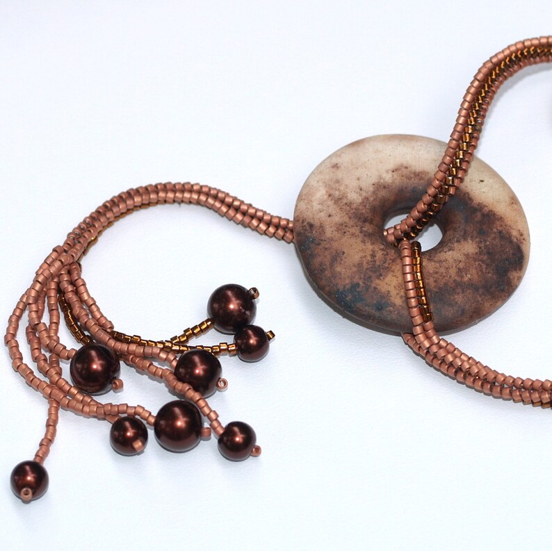 Lalita / Beadwoven Necklace with Smoke Fired Clay Donut Focal Pendant / Copper Beads and Faux Pearls / Earthy Colors / Ndebele Necklace image 1