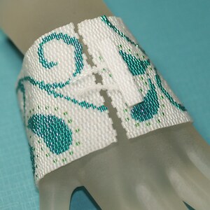 Paisley / Wide Peyote Bead Cuff Bracelet / White, Teal, Turquoise, Lime Green / Vine Leaf Beaded Design image 3