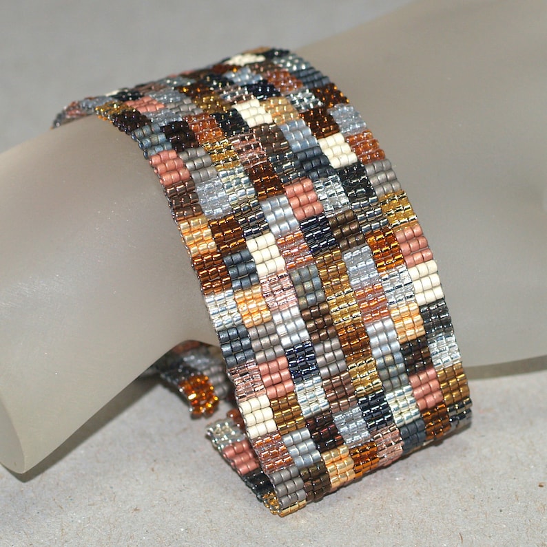 Patchwork Mine / Beadwoven Peyote Cuff Bracelet / Geometric Quilt Design / Silver, Gold, Bronze Metallic Beads / Quilter Gift / Gift for Mom image 1