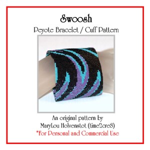 May include: A peyote stitch bracelet pattern called "Swoosh" with a black, purple, and turquoise design. The pattern is by MaryLou Holvenstot (time2cres) and is for personal and commercial use.
