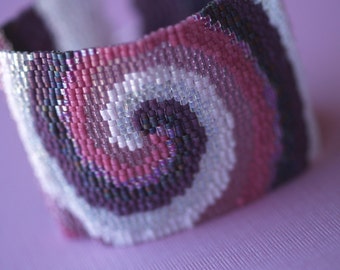 Maelstrom in Mauve and Plum / Wide Peyote Beadwoven Cuff Bracelet / Purple, Lavender, Pink Spiral Patterned Beaded Bracelet / Beaded Jewelry