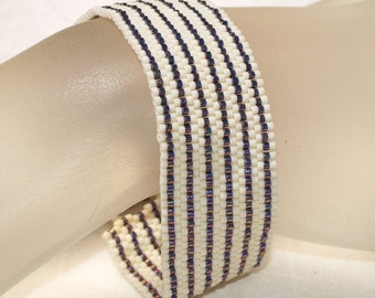 Pinstripes / Beadwoven Peyote Bracelet Cuff / Stripes of Luster Amethyst & Matte Eggshell / Dress It Up or Down / Beaded Jewelry