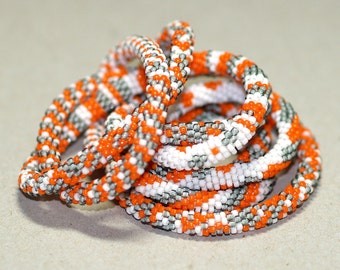 Braith / Bead Crochet Necklace or Bracelet / Seed Beads of Orange, White, Gray / Rope Infinity Wrap / Jewelry Gift for Her / Beaded Necklace