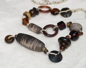 Terra / Unique Beadwoven Necklace / Earthy Asymmetrical Beadweaving / Sand, Dark Bronze, Brown / Peyote & Lariat Beading / Clay Beads / OOAK