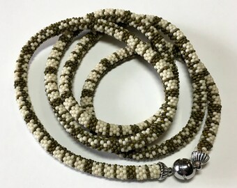 Olive and Cream Plaid / Bead Crochet Rope Necklace or Wrap Bracelet / Muted Colors Jewelry / Olive Green Necklace / Long Statement Necklace