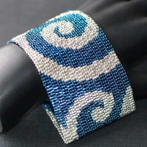 Silver Waves in a Deep Blue Sea / Bracelet Cuff Peyote Beadwoven / Turquoise and Blue Beads / Galvanized Silver Beads / Swimmer Jewelry Gift image 1
