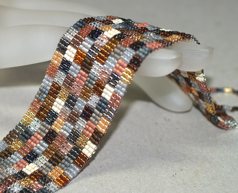 Patchwork Mine / Beadwoven Peyote Cuff Bracelet / Geometric Quilt Design / Silver, Gold, Bronze Metallic Beads / Quilter Gift / Gift for Mom image 5