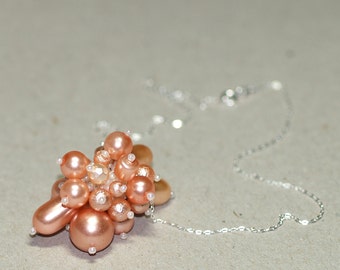 Just Peachy / Beaded Pendant on Sterling Silver Chain Necklace / Faux Pearls and Chunk Glass Beads / Elegant Wedding Jewelry / Bead Necklace