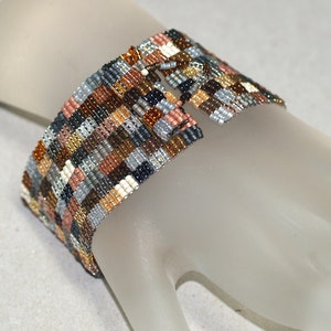 Patchwork Mine / Beadwoven Peyote Cuff Bracelet / Geometric Quilt Design / Silver, Gold, Bronze Metallic Beads / Quilter Gift / Gift for Mom image 3