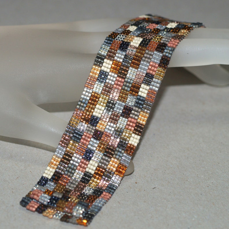 Patchwork Mine / Beadwoven Peyote Cuff Bracelet / Geometric Quilt Design / Silver, Gold, Bronze Metallic Beads / Quilter Gift / Gift for Mom image 2