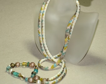 Muriel / Bead Crochet Rope Necklace or Bracelet / Diamond Pattern / Aqua, Bronze, Ivory & Chartreuse Seed Beads / Czech Glass / Faux Pearls