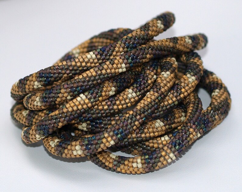 Magnificent Matte Bead Crochet Rope Necklace 22K Gold /& Multi Metallic Beads Snakelike Geometric Triangle Pattern Beaded Jewelry