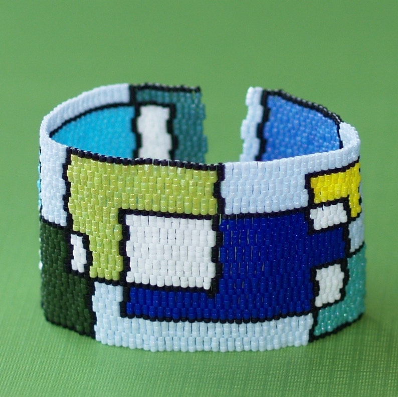Playing with Blocks / Peyote Bracelet Cuff Wide / Geometric Jewelry / Blues and Greens / Mondrian Inspired / Abstract Retro Bracelet image 2