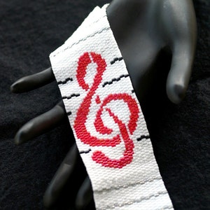 Treble Clef / Wide Beadwoven Peyote Cuff Bracelet / Music Lover Jewelry / Musician Jewelry / Black, White, Red, Gray / Beaded Bracelet image 5