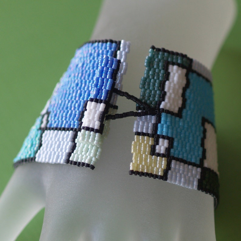 Playing with Blocks / Peyote Bracelet Cuff Wide / Geometric Jewelry / Blues and Greens / Mondrian Inspired / Abstract Retro Bracelet image 4