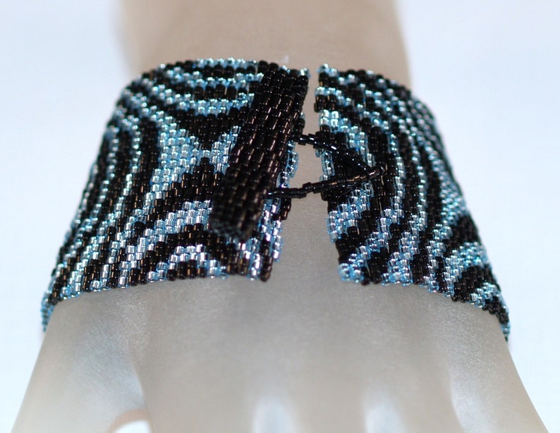 Aqua Raindrops / Wide Beadwoven Peyote Cuff Bracelet / Silver-Lined Beads / Pale Aqua Blue and Black / Delica Bead Bracelet / Beaded Jewelry image 4