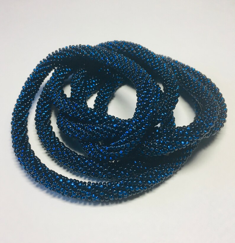 Midnight / Bead Crochet Necklace or Bracelet / Black Lined Royal Blue Seed Beads / Handmade Beaded Jewelry / Dressy Elegant Gift for Her image 2