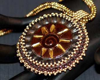 Golden Aztec Sun / Beadwoven Necklace / Stoneware Sun Cabochon Pendant / Bronze & Gold Czech Beads / Ndebele Rope / Southwest Jewelry