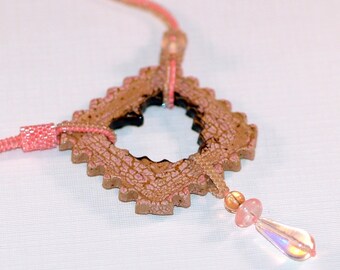 Keep an Open Heart / Beadwoven Necklace with Crackle Glaze Stoneware Pendant / Salmon Pink Tubular Herringbone Bead Necklace / Gift for Mom