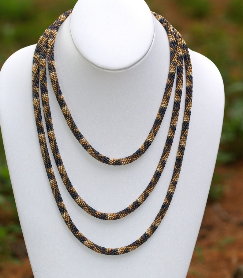 Magnificent Matte Bead Crochet Rope Necklace 22K Gold /& Multi Metallic Beads Snakelike Geometric Triangle Pattern Beaded Jewelry