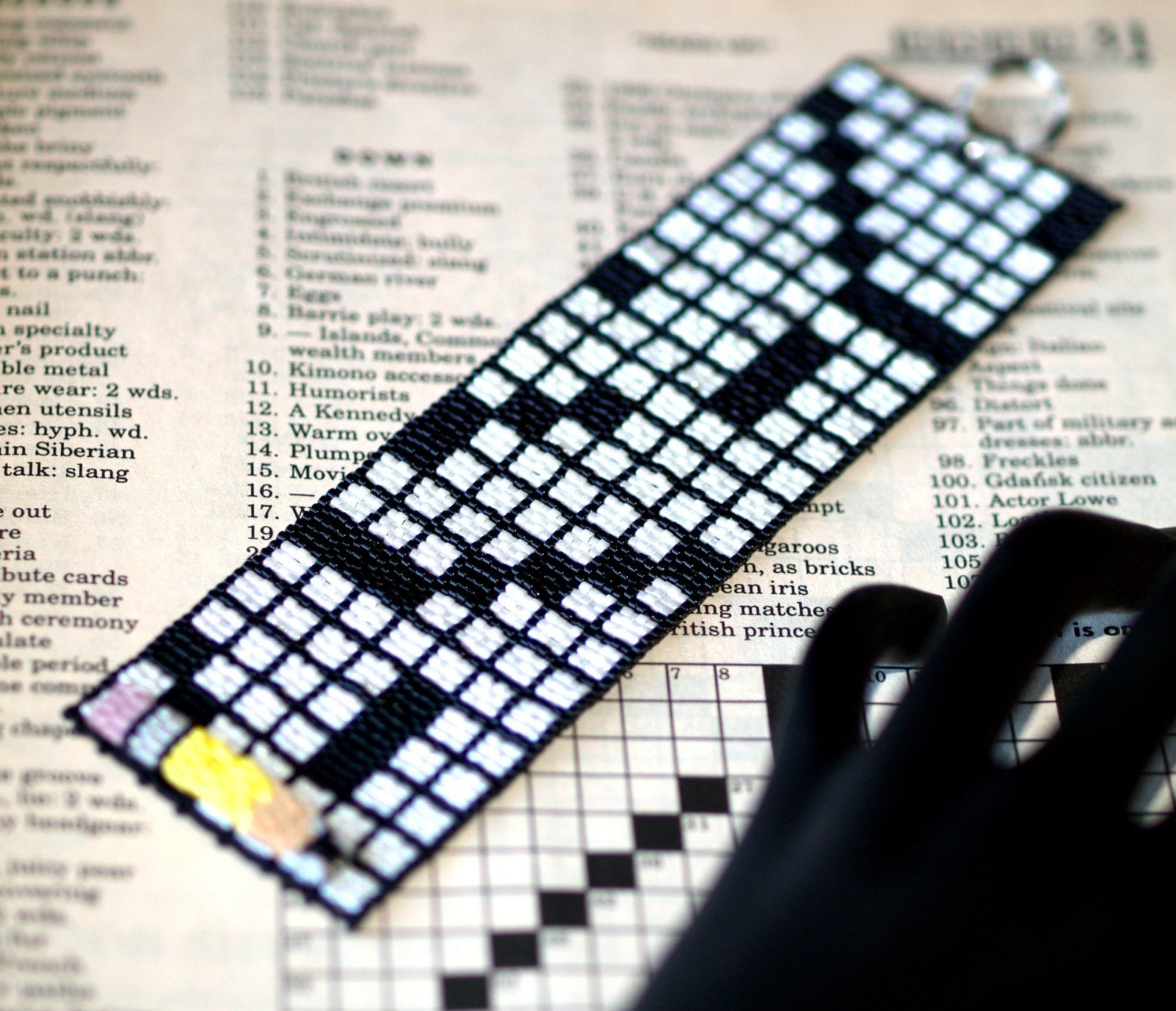 Crossword Puzzle / Peyote Bracelet Beadwoven Cuff / Black and White