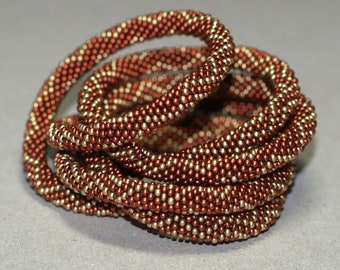 Chevron Strand / Metallic Bead Crochet Wrap Necklace or Bracelet / Dark Copper, Matte Gold / Zigzag Geometric Beading / Southwest Jewelry