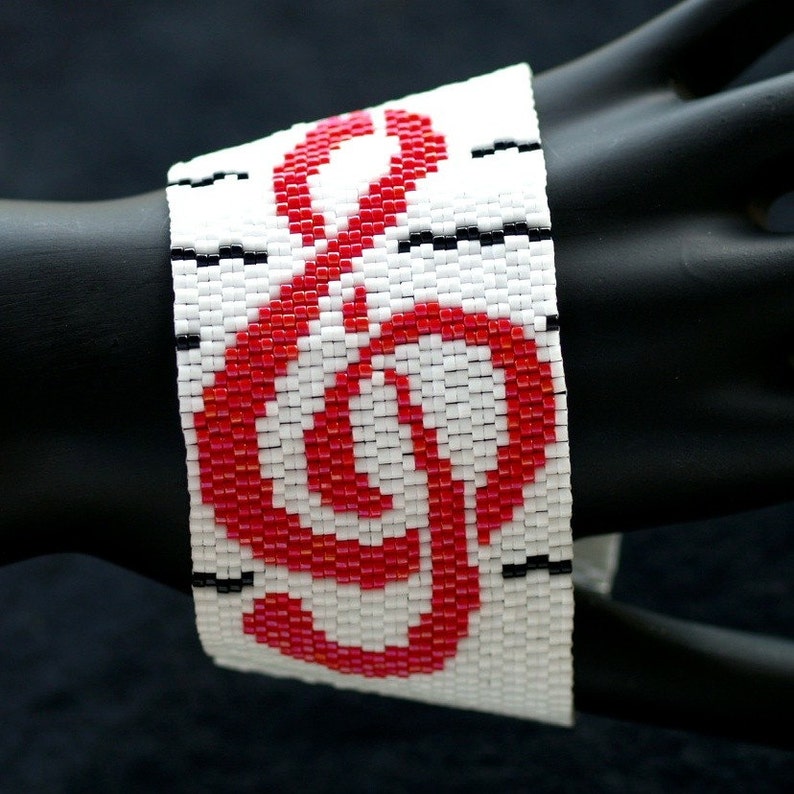 Treble Clef / Wide Beadwoven Peyote Cuff Bracelet / Music Lover Jewelry / Musician Jewelry / Black, White, Red, Gray / Beaded Bracelet image 4