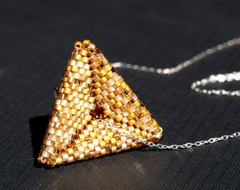 Golden Pyramid / Beaded Peyote Pendant / Sterling Silver Chain Necklace / Geometric Peyote Triangle / 22K Gold Beads on Beadwoven Pendant