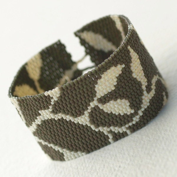 Little Vine / Beadwoven Peyote Bracelet Cuff / Handmade Jewelry / Beaded Leaves Design in Olive and Cream / Beaded Bracelet / Gift for Her