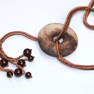 Lalita / Beadwoven Necklace with Smoke Fired Clay Donut Focal Pendant / Copper Beads and Faux Pearls / Earthy Colors / Ndebele Necklace image 3