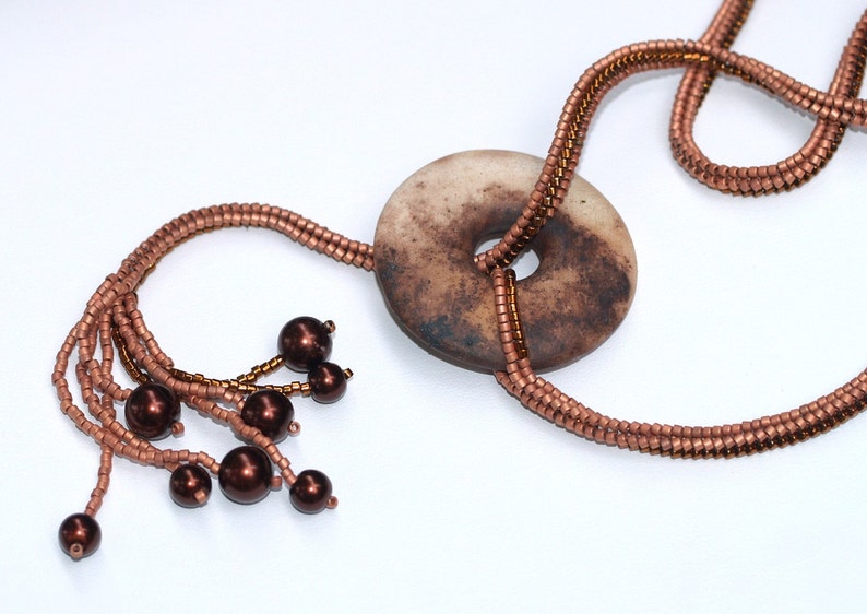 Lalita / Beadwoven Necklace with Smoke Fired Clay Donut Focal Pendant / Copper Beads and Faux Pearls / Earthy Colors / Ndebele Necklace image 3