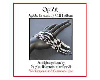 Padrão de pulseira de punho em estilo peiote OP ART - Tutorial de joias tecidas com miçangas - Download digital em PDF - Arte pop abstrata geométrica - 2 cores - 3 gotas