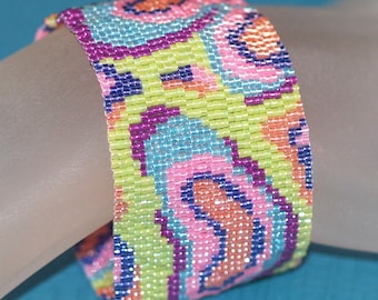 Mokume Gane in Summery Bright Colors / Beadwoven Peyote Cuff Bracelet / Abstract Pastel Woodgrain Beadwork / Pastel Bracelet / Beaded Cuff