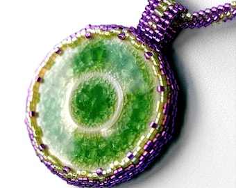 Lilavati / Beadwoven Necklace with Crackled Glass & Clay Cabochon Focal / Colorful Lime Green and Violet / Ndebele Rope Beaded Jewelry