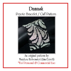 May include: A black and silver beaded cuff bracelet with a damask pattern. The bracelet is displayed on a black surface. The image includes the text "Damask Peyote Bracelet/Cuff Pattern".
