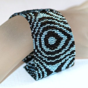 Aqua Raindrops / Wide Beadwoven Peyote Cuff Bracelet / Silver-Lined Beads / Pale Aqua Blue and Black / Delica Bead Bracelet / Beaded Jewelry image 1