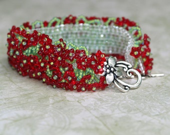 Crimson Flowers / Caterpillar Beadwoven Bracelet / Lime Green Fringes and Red Flower Beads / OOAK / Silver Toned Clasp / Beaded Jewelry