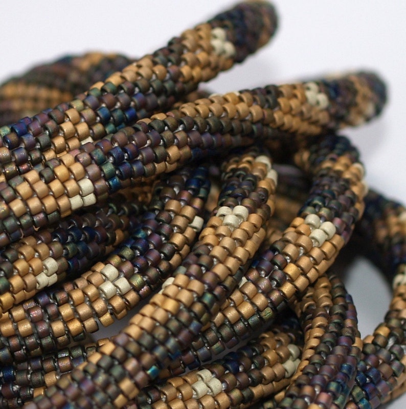 Magnificent Matte Bead Crochet Rope Necklace 22K Gold /& Multi Metallic Beads Snakelike Geometric Triangle Pattern Beaded Jewelry