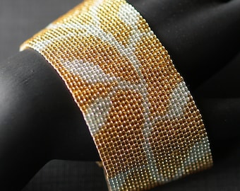 Precious Metals Vine / Peyote Beadwoven Cuff Bracelet / Silver, Gold Beaded Leaves / Garden Lover Gift / Classic Leaf Motif Jewelry