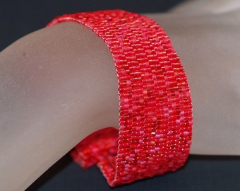 Simply Red / Peyote Bracelet Beadwoven Cuff / Handmade Jewelry / Crimson & Cranberry Beads / Red Jewelry / Beaded Bracelet / Valentine Gift
