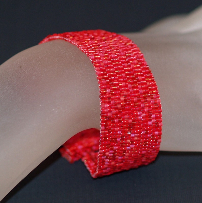 Simply Red / Peyote Bracelet Beadwoven Cuff / Handmade Jewelry / Crimson & Cranberry Beads / Red Jewelry / Beaded Bracelet / Valentine Gift image 1