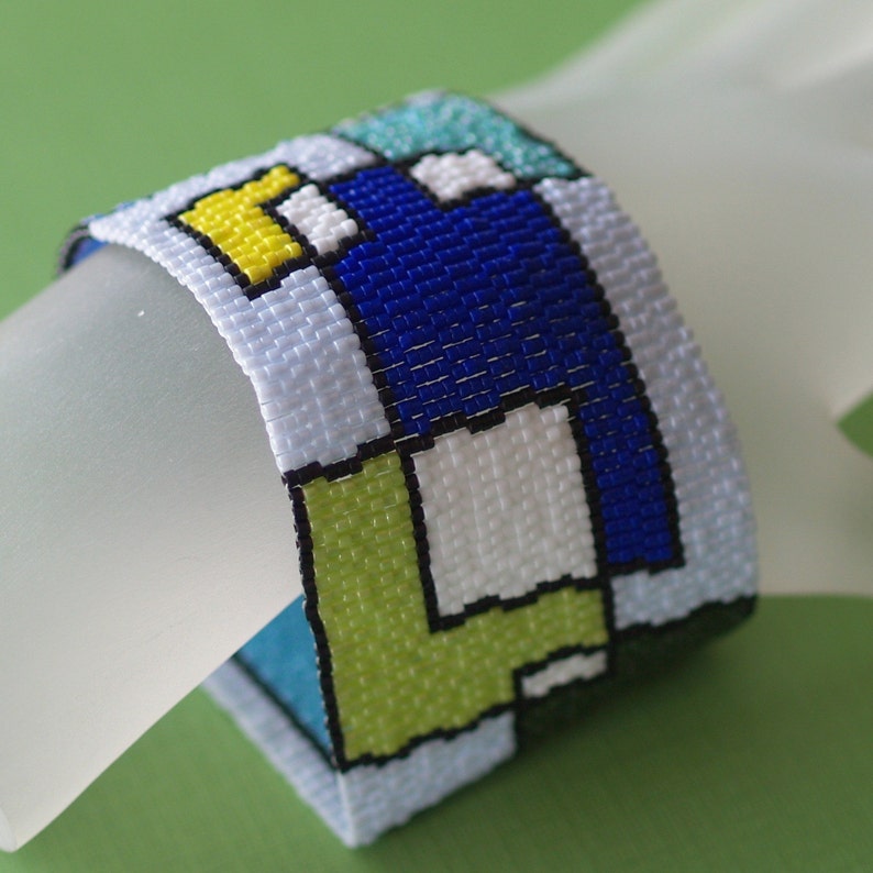 Playing with Blocks / Peyote Bracelet Cuff Wide / Geometric Jewelry / Blues and Greens / Mondrian Inspired / Abstract Retro Bracelet image 1