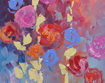 Acrylic Abstract Floral Painting Giclee Print Made To Order Blue Red Roses Print Impressionist Fine Art Print Wall Decor by Linda Monfort