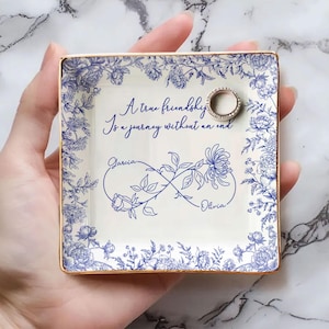 Custom Friendship Jewelry Dish – Personalized Names & Birth Flowers Tray, Best Friend Gift, Toile Floral Trinket Dish Keepsake