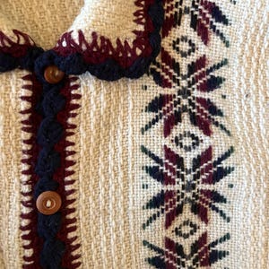 Puede incluir: Primer plano de una chaqueta tejida de color crema con un patr&oacute;n detallado. La chaqueta presenta un borde decorativo en azul oscuro y burdeos, con botones de madera y un dise&ntilde;o estampado en burdeos, azul oscuro y verde.
