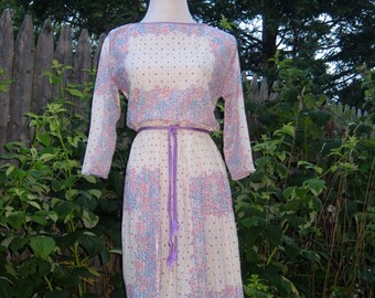 Vintage Dress/70s Dress/Floral Dress/Semi Sheer Dress/