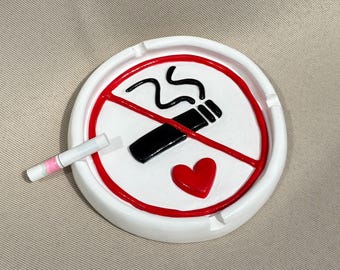 No Smoking Ashtray with Heart, Cute Clay Ash Tray, Anti Smoking Art, Funny Aesthetic Room Decor, Gift for Quitting Smoking, Red Heart Decor