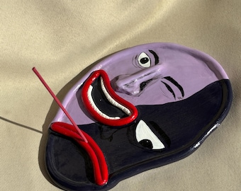 Two Faced Face Incense Holder, Dark Aesthetic, Handmade Decorative Funky Trinket Dish